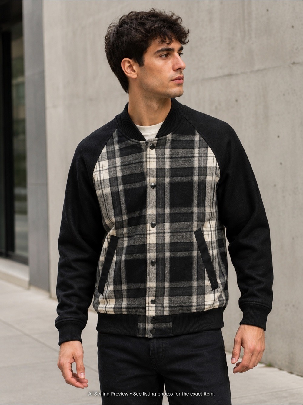WeSC Men’s Small Black Cream Plaid Wool Blend Padded Bomber Jacket